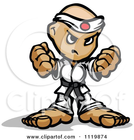 Cartoon Of A Tough Karate Guy Holding Up Two Fists - Royalty Free Vector Clipart by Chromaco