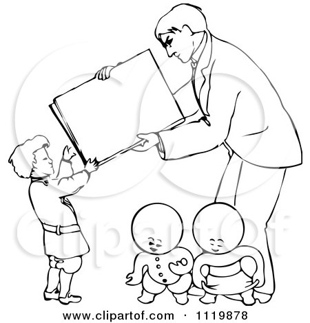 Clipart Of Retro Vintage Black And White Goops Kids Under A Man And Boy With A Sign - Royalty Free Vector Illustration by Prawny Vintage