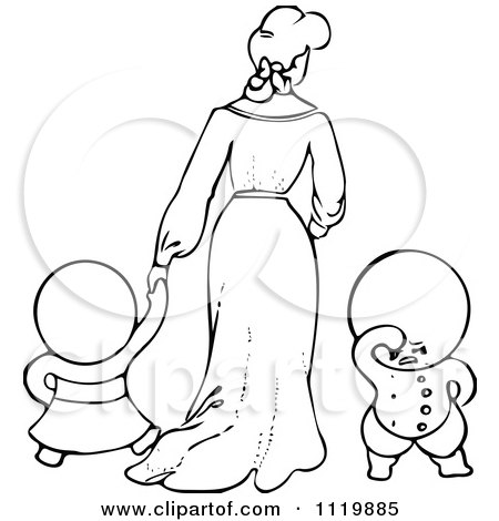 Clipart Of Retro Vintage Black And White Goops Kids With A Lady - Royalty Free Vector Illustration by Prawny Vintage