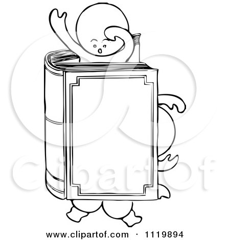 Clipart Of A Retro Vintage Black And White Goops Kid In A Book - Royalty Free Vector Illustration by Prawny Vintage