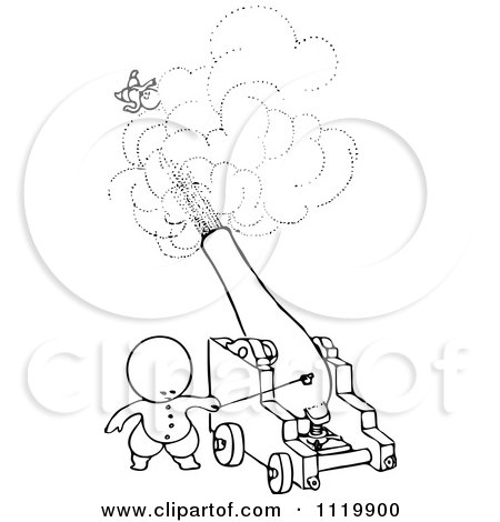 Clipart Of A Retro Vintage Black And White Goops Kid Shooting Someone From A Cannon - Royalty Free Vector Illustration by Prawny Vintage