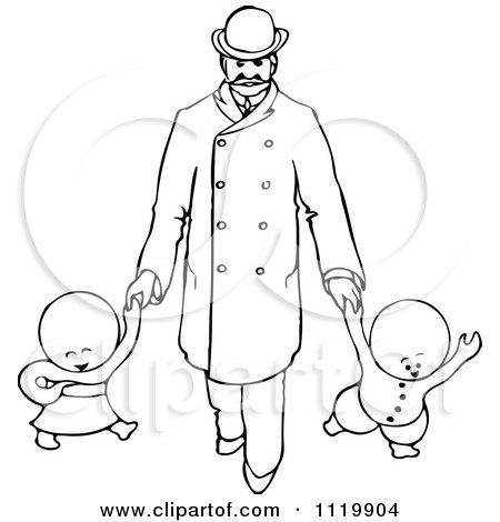 Clipart Of Retro Vintage Black And White Goops Kids Walking With A Man - Royalty Free Vector Illustration by Prawny Vintage