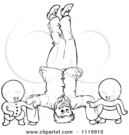 Clipart Of Retro Vintage Black And White Goops Kids By A Man Doing A Head Stand - Royalty Free Vector Illustration by Prawny Vintage