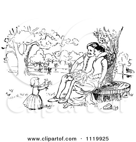 Clipart Of A Retro Vintage Black And White Couple Watching Their Girl Pick Flowers In A Park - Royalty Free Vector Illustration by Prawny Vintage