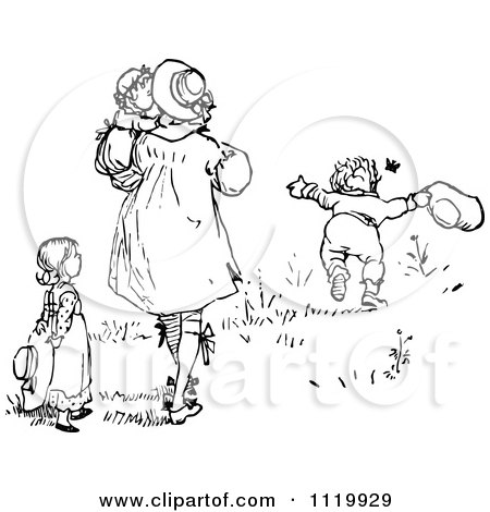 Clipart Of A Retro Vintage Black And White Family Playing In A Meadow - Royalty Free Vector Illustration by Prawny Vintage