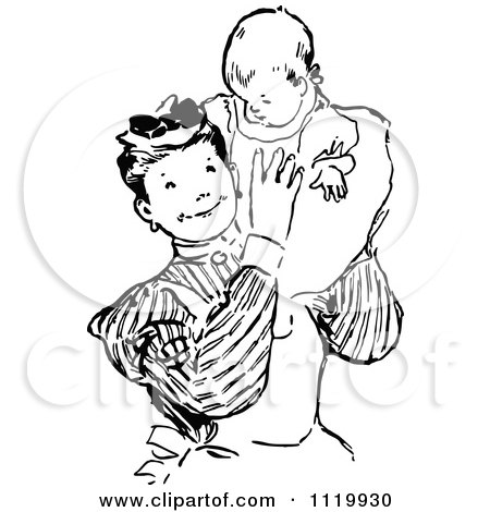 Clipart Of A Retro Vintage Black And White Nanny Holding A Baby - Royalty Free Vector Illustration by Prawny Vintage