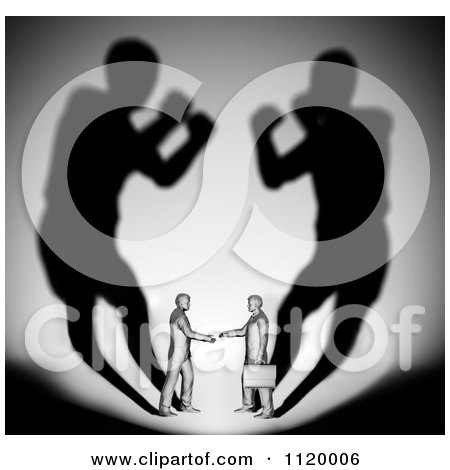 Clipart Of 3d Businessmen Shaking Hands With A Shadow Of Them Boxing 2 - Royalty Free CGI Illustration by Mopic