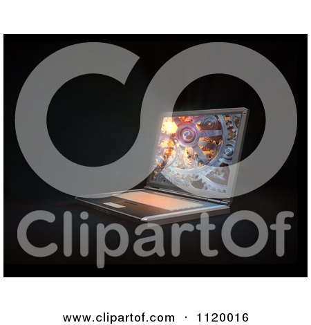 Clipart Of A 3d Laptop Computer With Gear Cogs On The Display Over Black - Royalty Free CGI Illustration by Mopic