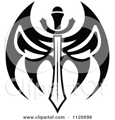 Clipart Of A Black And White Tribal Winged Sword 7 - Royalty Free Vector Illustration by Vector Tradition SM