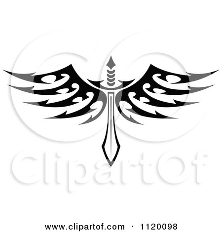 Clipart Of A Black And White Tribal Winged Sword 5 - Royalty Free Vector Illustration by Vector Tradition SM