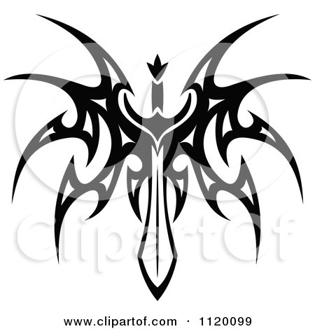 Clipart Of A Black And White Tribal Winged Sword 4 - Royalty Free Vector Illustration by Vector Tradition SM