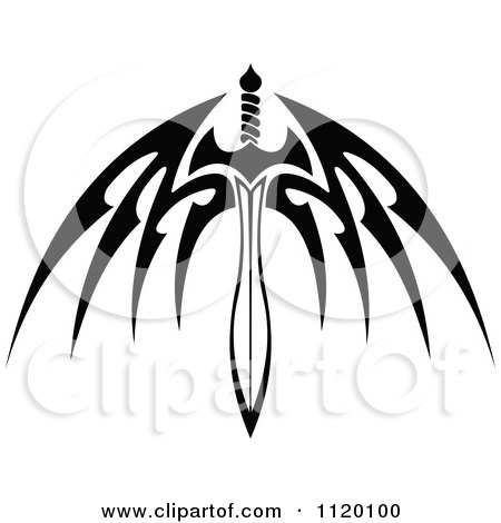 Clipart Of A Black And White Tribal Winged Sword 3 - Royalty Free Vector Illustration by Vector Tradition SM