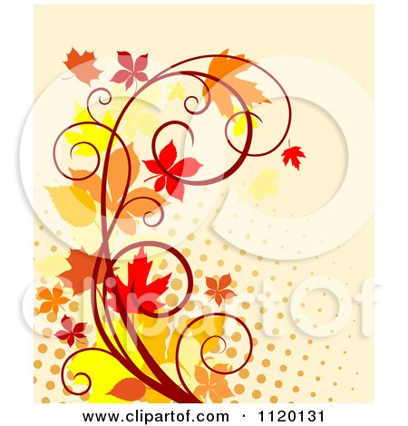 Clipart Of A Scroll Vine With Autumn Leaves Over Halftone On Tan - Royalty Free Vector Illustration by Vector Tradition SM