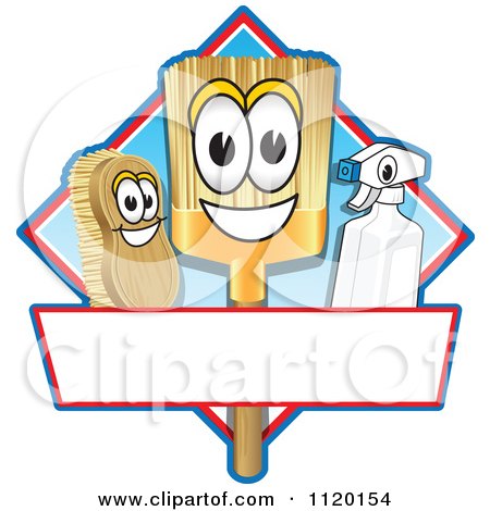 Cartoon Of A Happy Broom Scrub Brush And Spray Bottle Mascots On A Blue And Red Cleaning Sign Or Logo - Royalty Free Vector Clipart by Toons4Biz