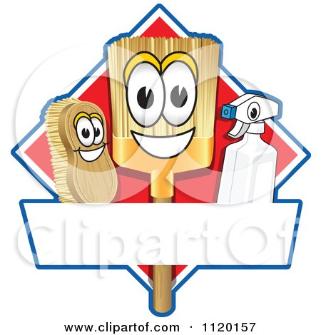 Cartoon Of A Happy Broom Scrub Brush And Spray Bottle Mascots On A Red Cleaning Sign Or Logo - Royalty Free Vector Clipart by Toons4Biz