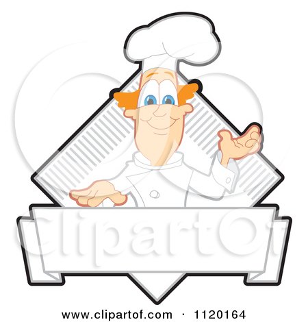 Cartoon Of A Presenting Chef Logo Or Sign - Royalty Free Vector Clipart by Mascot Junction