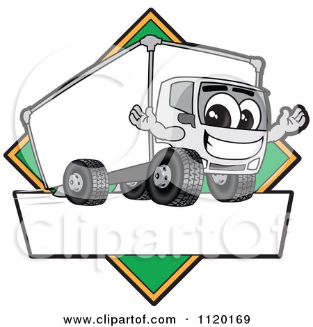 Cartoon Of A Happy Delivery Big Rig Truck Mascot Sign Or Logo With A Green Diamond - Royalty Free Vector Clipart by Mascot Junction
