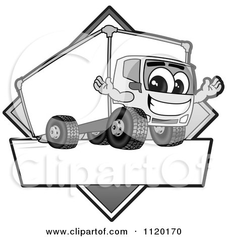 Cartoon Of A Happy Grayscale Delivery Big Rig Truck Mascot Sign Or Logo - Royalty Free Vector Clipart by Mascot Junction
