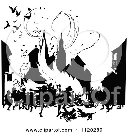 Clipart Of A Silhouetted Town Burning Down In A Fire - Royalty Free Vector Illustration by Prawny Vintage