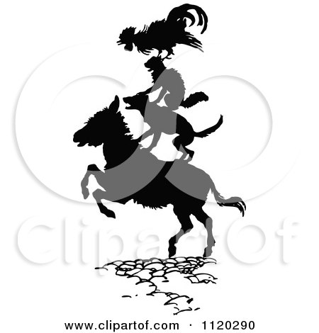 Clipart Of A Silhouetted Rooster Cat And Dog On A Donkey - Royalty Free Vector Illustration by Prawny Vintage
