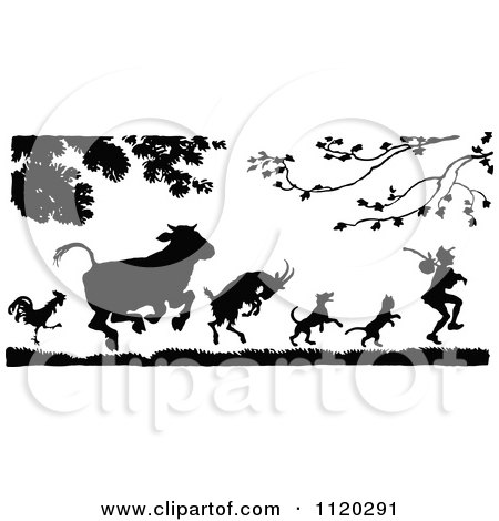 Clipart Of Silhouetted Animals Following A Man - Royalty Free Vector Illustration by Prawny Vintage