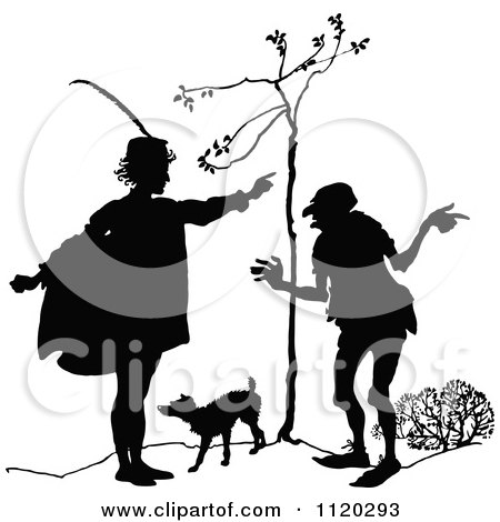 Clipart Of A Silhouetted Dog And Men By A Wimpy Tree - Royalty Free Vector Illustration by Prawny Vintage