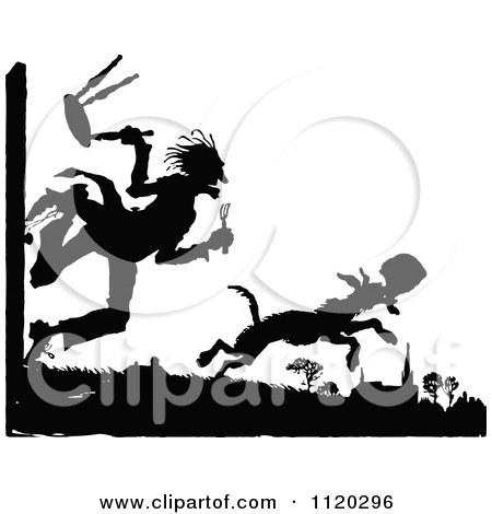 Clipart Of A Silhouetted Man Chasing A Dog Thief - Royalty Free Vector Illustration by Prawny Vintage