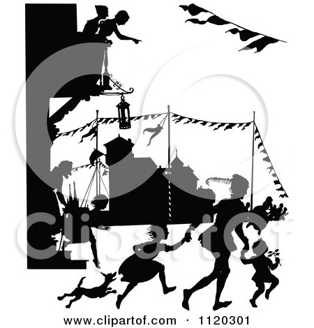 Clipart Of Silhouetted People At A SStreet Carnival - Royalty Free Vector Illustration by Prawny Vintage