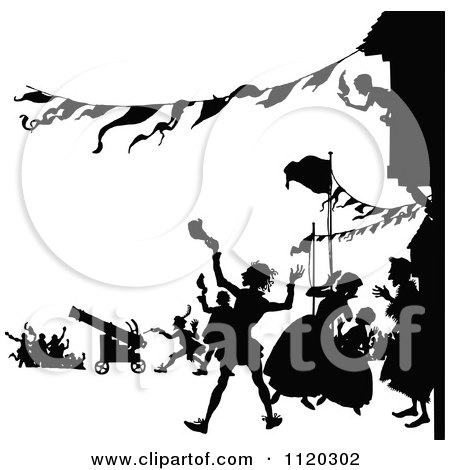Clipart Of Silhouetted People Shooting Cannons And Celebrating In A Street - Royalty Free Vector Illustration by Prawny Vintage