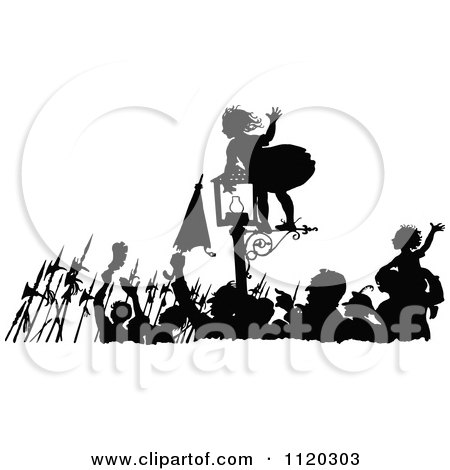 Clipart Of A Silhouetted Girl On A Lamp Post As People Celebrate In The Street - Royalty Free Vector Illustration by Prawny Vintage