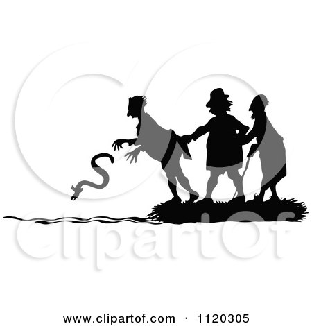 Clipart Of A Silhouetted Man Dropping An Eel Into The Water - Royalty Free Vector Illustration by Prawny Vintage