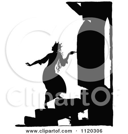 Clipart Of A Silhouetted Princess Sneaking Through A Door - Royalty Free Vector Illustration by Prawny Vintage