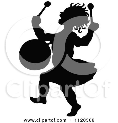 Clipart Of A Silhouetted Drummer Girl - Royalty Free Vector Illustration by Prawny Vintage