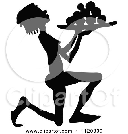 Clipart Of A Silhouetted Servant Kneeling With A Tray Of Food - Royalty Free Vector Illustration by Prawny Vintage