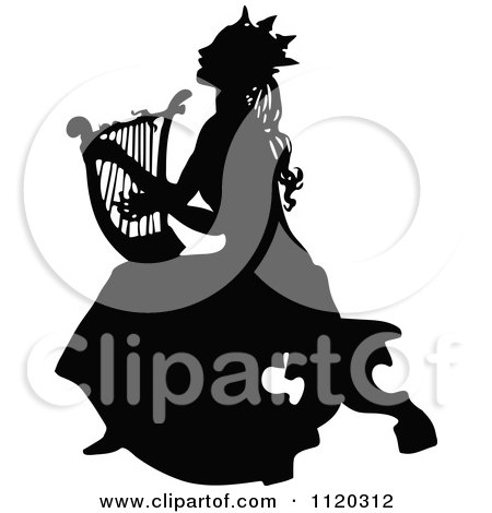 Clipart Of A Silhouetted Princess Playing A Harp - Royalty Free Vector Illustration by Prawny Vintage
