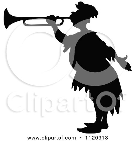 Clipart Of A Silhouetted Herald Blowing A Horn - Royalty Free Vector Illustration by Prawny Vintage
