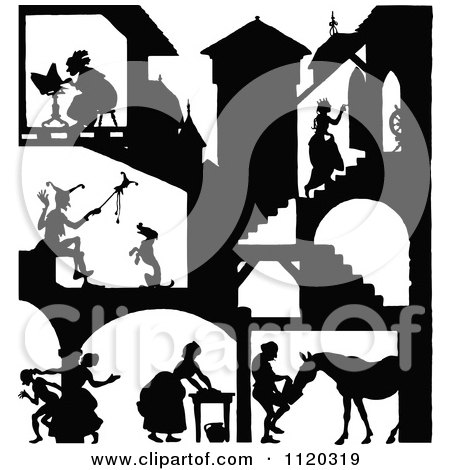 Clipart Of A Silhouetted Castle With People Inside 2 - Royalty Free Vector Illustration by Prawny Vintage