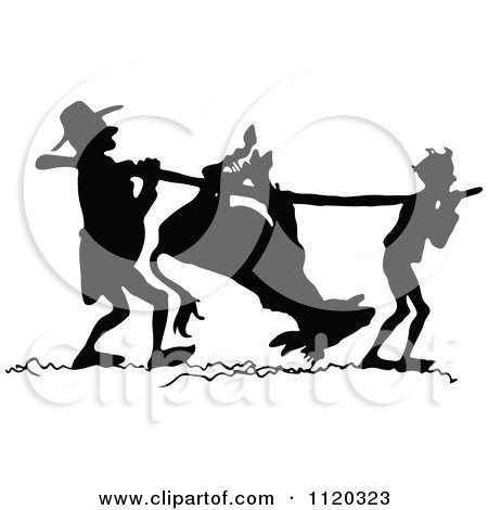 Clipart Of Silhouetted Men Carrying A Donkey On A Stick - Royalty Free Vector Illustration by Prawny Vintage