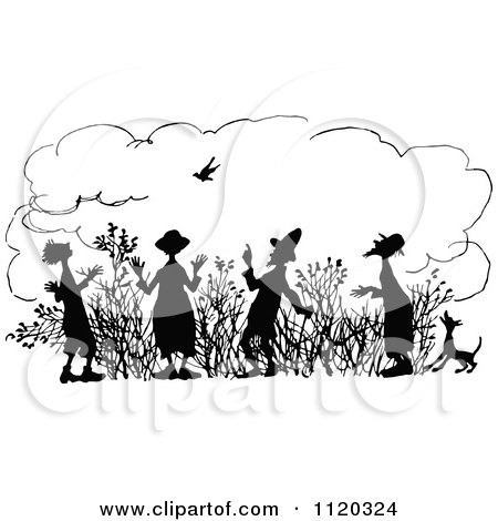 Clipart Of Silhouetted Men Watching A Bird - Royalty Free Vector Illustration by Prawny Vintage