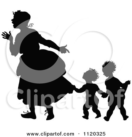 Clipart Of A Silhouetted Woman With Her Children Holding Onto Her Dress - Royalty Free Vector Illustration by Prawny Vintage