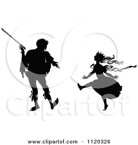 Clipart Of A Silhouetted Violinist And Dancing Princess - Royalty Free Vector Illustration by Prawny Vintage