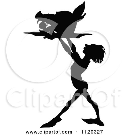 Clipart Of A Silhouetted Servant Holding Up A Pork Platter - Royalty Free Vector Illustration by Prawny Vintage
