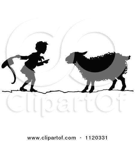 Clipart Of A Silhouetted Boy Talking To A Sheep - Royalty Free Vector Illustration by Prawny Vintage