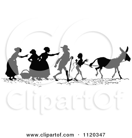 Clipart Of Silhouetted People With A Donkey - Royalty Free Vector Illustration by Prawny Vintage