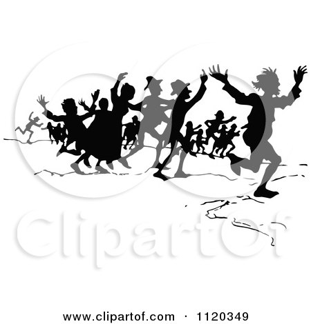 Clipart Of A Silhouetted Crowd Running - Royalty Free Vector Illustration by Prawny Vintage