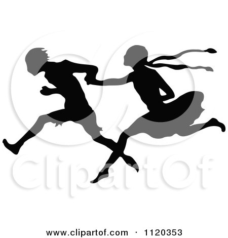 Clipart Of A Silhouetted Couple Running And Holding Hands - Royalty Free Vector Illustration by Prawny Vintage