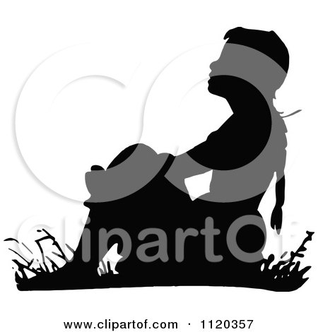 Clipart Of A Black And White Girl Sitting In Grass - Royalty Free Vector Illustration by Prawny Vintage
