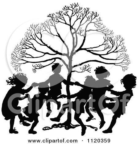 Clipart Of Silhouetted Children Dancing Around A Tree - Royalty Free Vector Illustration by Prawny Vintage