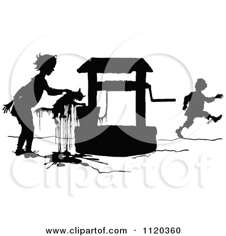 Clipart Of A Silhouetted Kid Saving A Cat From A Well - Royalty Free Vector Illustration by Prawny Vintage