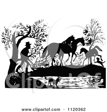 Clipart Of A Retro Vintage Black And White Farmer Using A Horse Plouw - Royalty Free Vector Illustration by Prawny Vintage